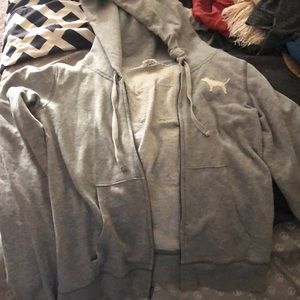 “ love pink “ light grey zip up  sweater